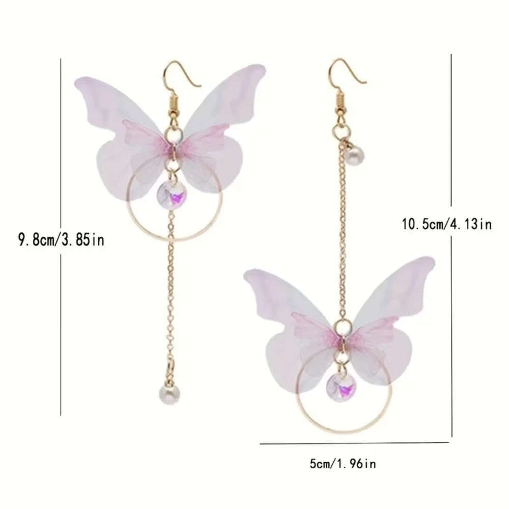 Womens Purple Blue Organza Butterfly Asymmetrical Dangle Earrings Gold Tone